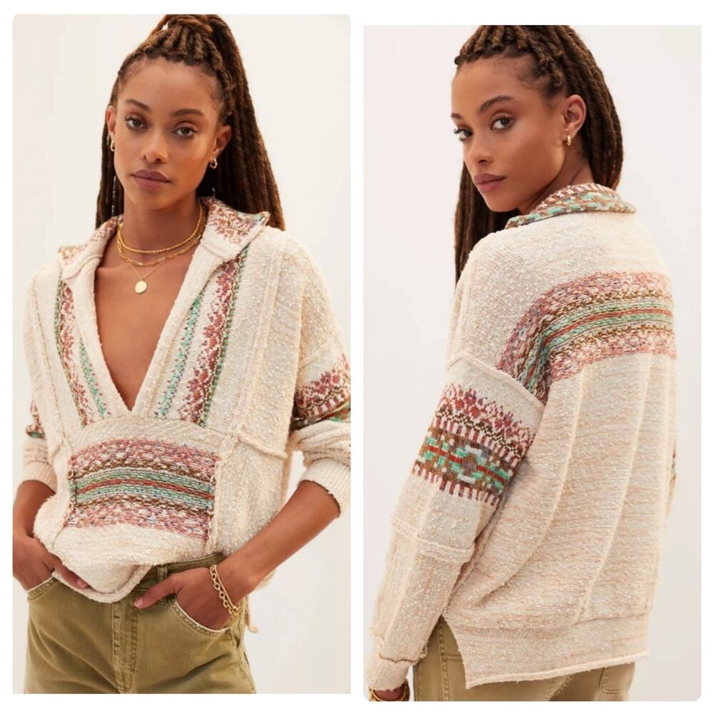 Anthropologie Pilcro Cream Multicolor Sweater Hooded Aztec Vibes Small